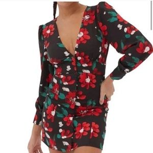 Urban Outfitters Michelle Plunging Long Sleeve Mini Dress Womens M Black Floral